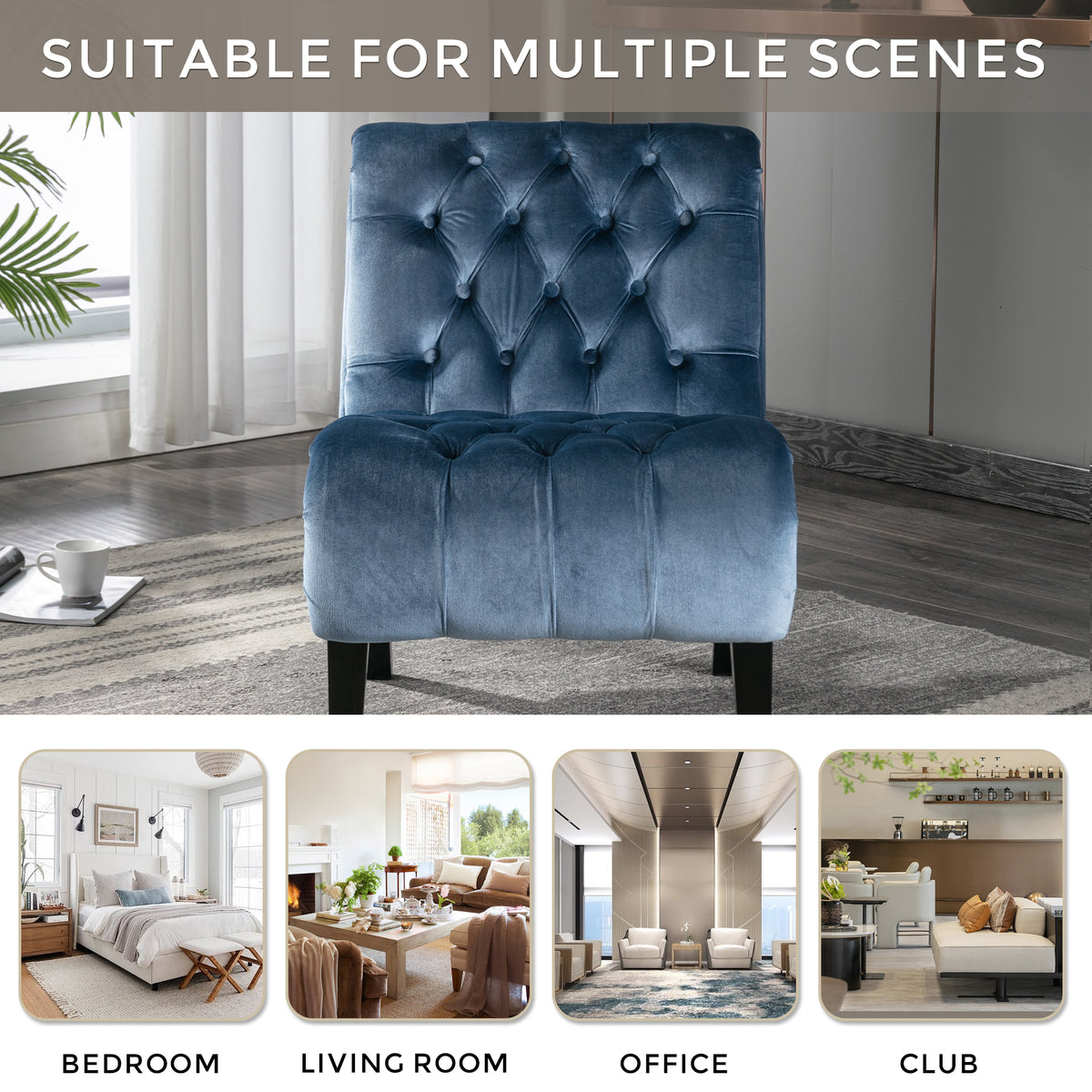 Coolmore Modern Velvet Armless Accent Living Room Chair Leisure Chair,Upholstered Fabric Button Comfortable Chair With Wooden Legs For Bedroom, Living Room, Office Light Blue Velvet Light Blue Foam Velvet