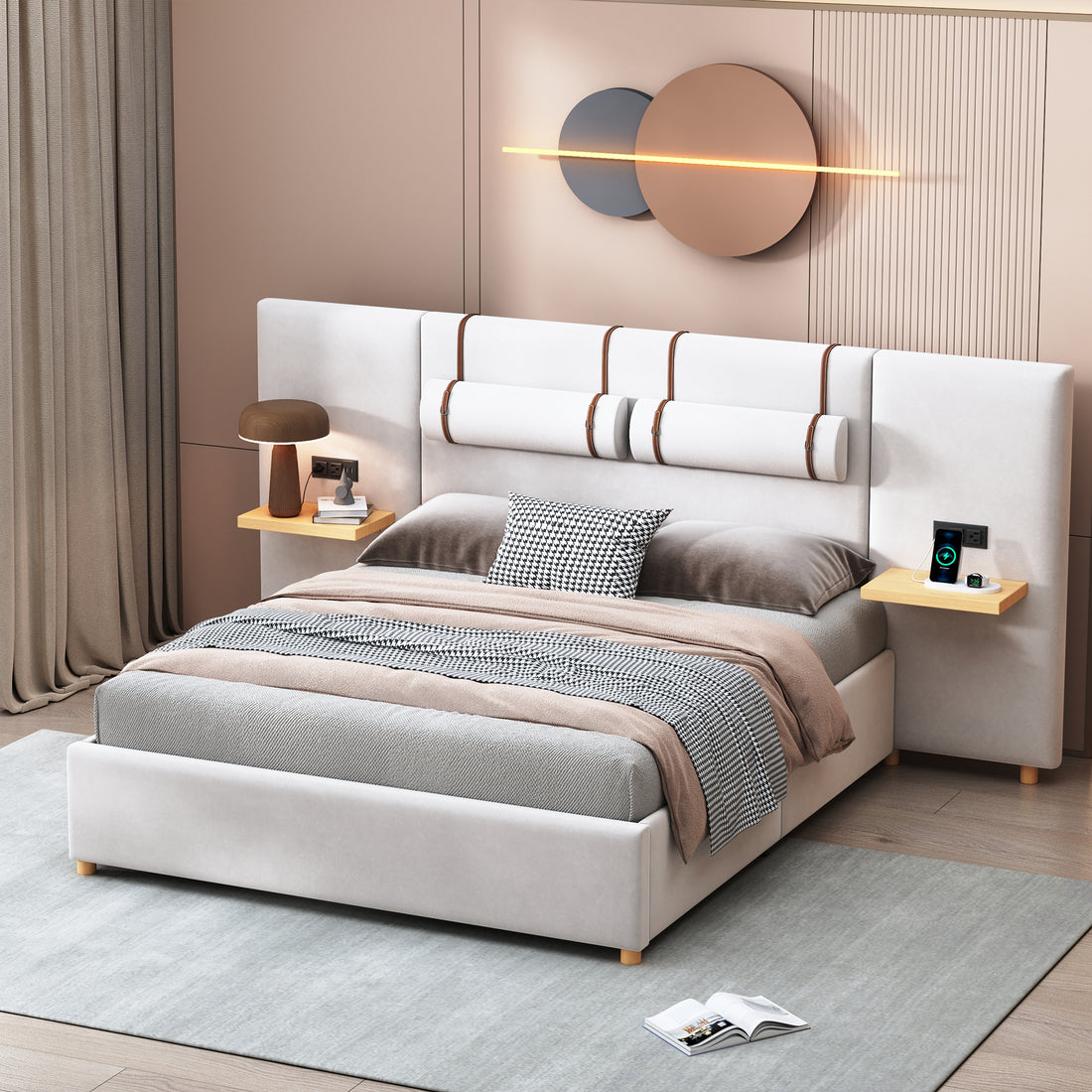Queen Size Upholstered Platform Bed, Two Outlets And Usb Charging Ports On Both Sides, Two Bedside Pillows, Storage Shelves,Velvet, Beige Queen Beige Mdf Lvl