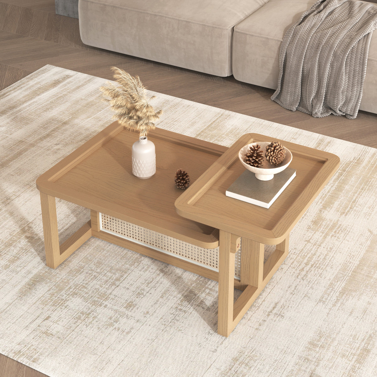 Modern 2 Piece Nesting Rattan Wood Mdf Coffee Table Set In Natural Natural Rubber Wood