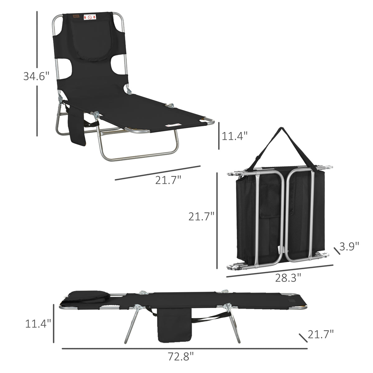 Outsunny Folding Beach Lounge Chair With Face Hole And Arm Slots, 5 Level Adjustable Sun Lounger Tanning Chair With Pillow For Patio, Garden, Beach, Pool, Black Black Oxford Fabric
