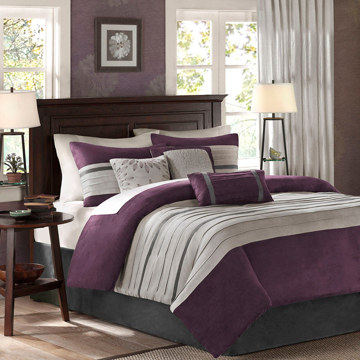 7 Pc Pieced Faux Suede Comforter Set Purple Cal King California King Purple Polyester