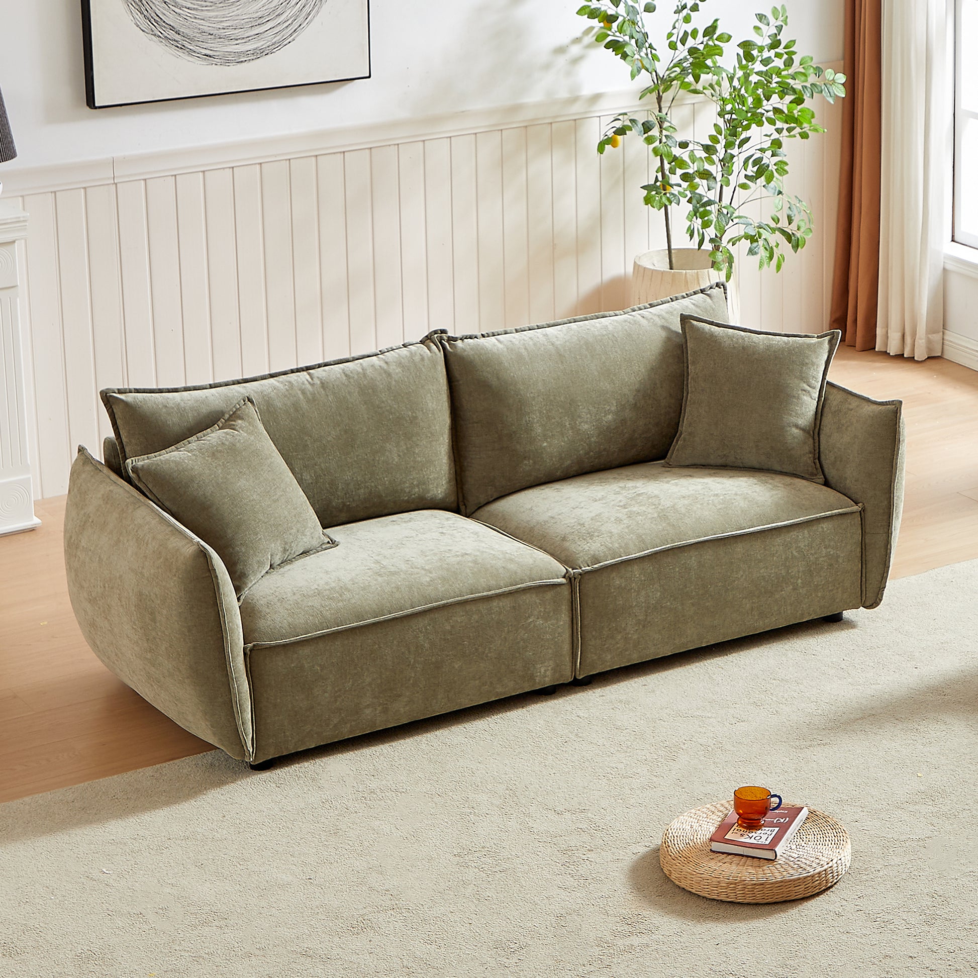 Mh88" Modern Living Room Sectional, Wide Living Room Sectional, Stylish Chenille Triple Sectional With Extra 2 Pillows, Thickly Padded Seat And Back And Armrests For Apartment, Living Room Light Green Chenille Wood Primary Living Space Pine Foam Fabric 3