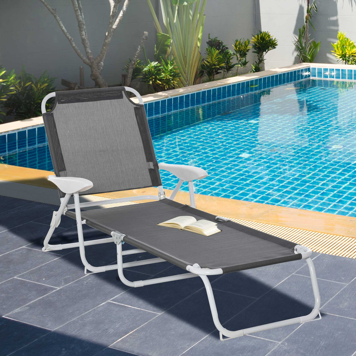 Outsunny Folding Chaise Lounge, Outdoor Sun Tanning Chair, 4 Position Reclining Back, Armrests, Metal Frame And Mesh Fabric For Beach, Yard, Patio, Dark Gray Dark Grey Metal