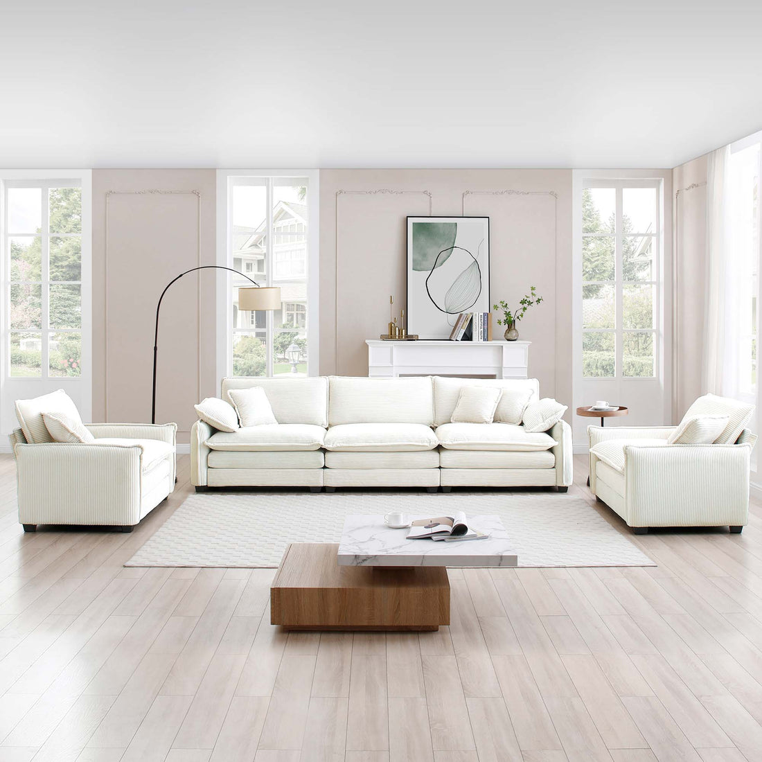 Warm And Cozy Sofa Set With Soft Cushions And Pillows, Home Theater Style Sofa Set Consisting Of A 3 Seater Sofa And Two Single Sofas In Beige Corduroy Fabric Beige Corduroy 5 Seat