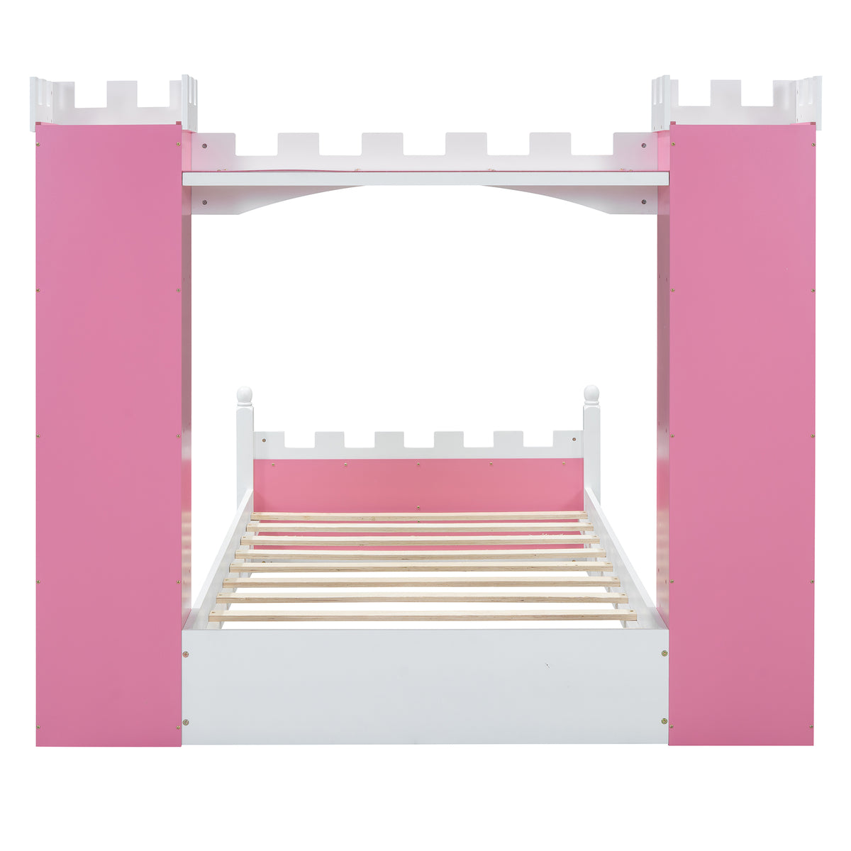 Castle Shaped Wooden Bed With Storage Shelf, Dreamy Twin Size Platform Bed For Kids Bedroom, Pink White Expected Arrival Time:8.14 Twin Pink White Wood