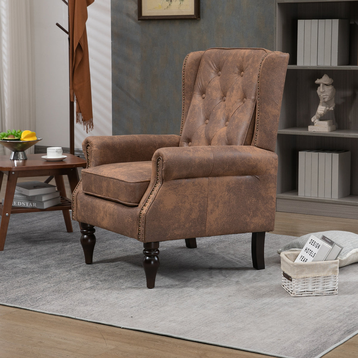 Coolmore Wood Frame Armchair, Modern Accent Chair Lounge Chair With Sturdy Wood Legs For Living Room Bedroom Coffee Pu Coffee Foam Microsuede