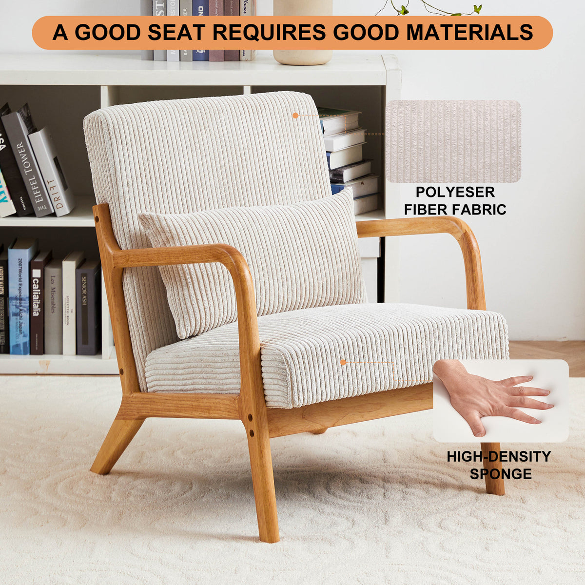 Mid Century Modern Accent Chair, Arm Chair Living Room Chairs With Pillow Upholstered Reading Chair With Solid Wood Frame & Living Room Bedroom Balcony Beige Beige Brown Primary Living Space
