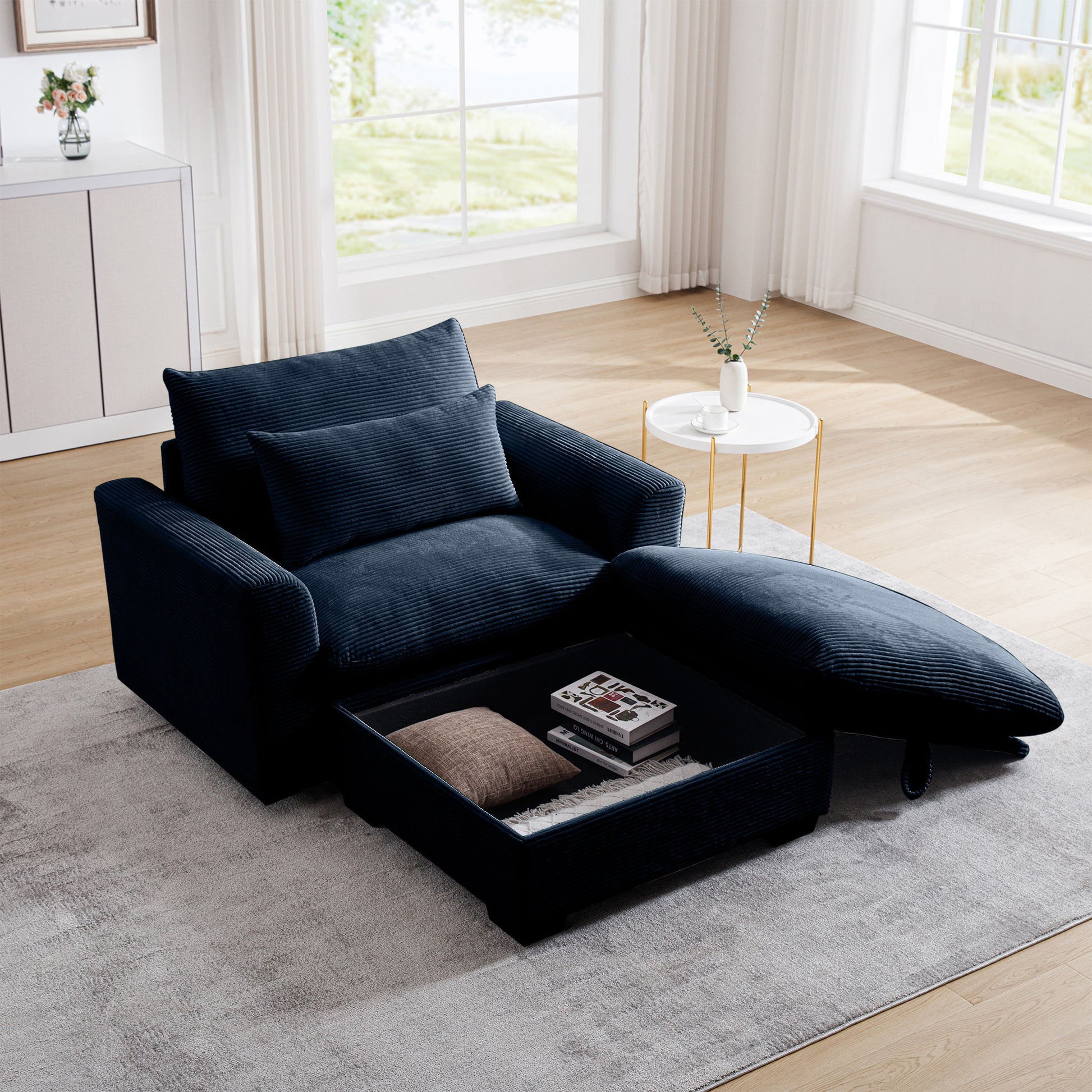 Bule Corduroy Sofa Couch, Modular Couch With Storage Ottoman, Couch Deep Seat Couches For Modern Living Room Apartment Office Blue Corduroy 1 Seat