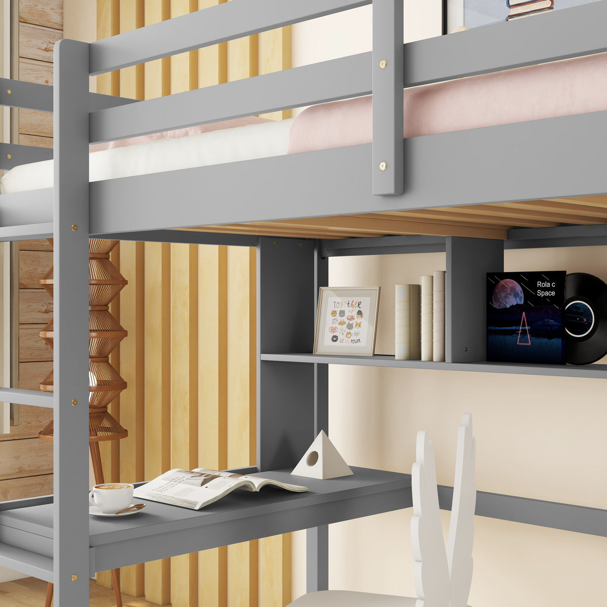 Twin Size Loft Bed With Desk And Shelves, Safety Guardrail And Ladder,Grey Twin Grey Pine