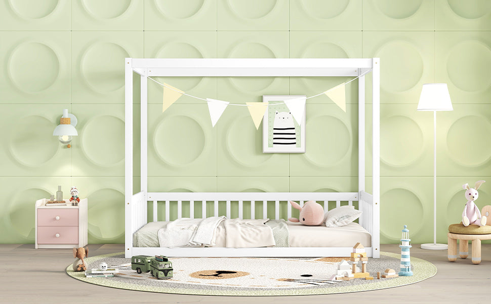 Twin Size Canopy Frame Floor Bed With Fence, Guardrails,White Twin White American Design Pine