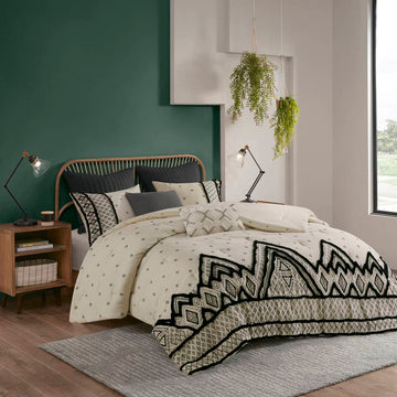 3 Piece Cotton And Flax Linen Blend Comforter Set Natural Full Queen Queen White Black Cotton