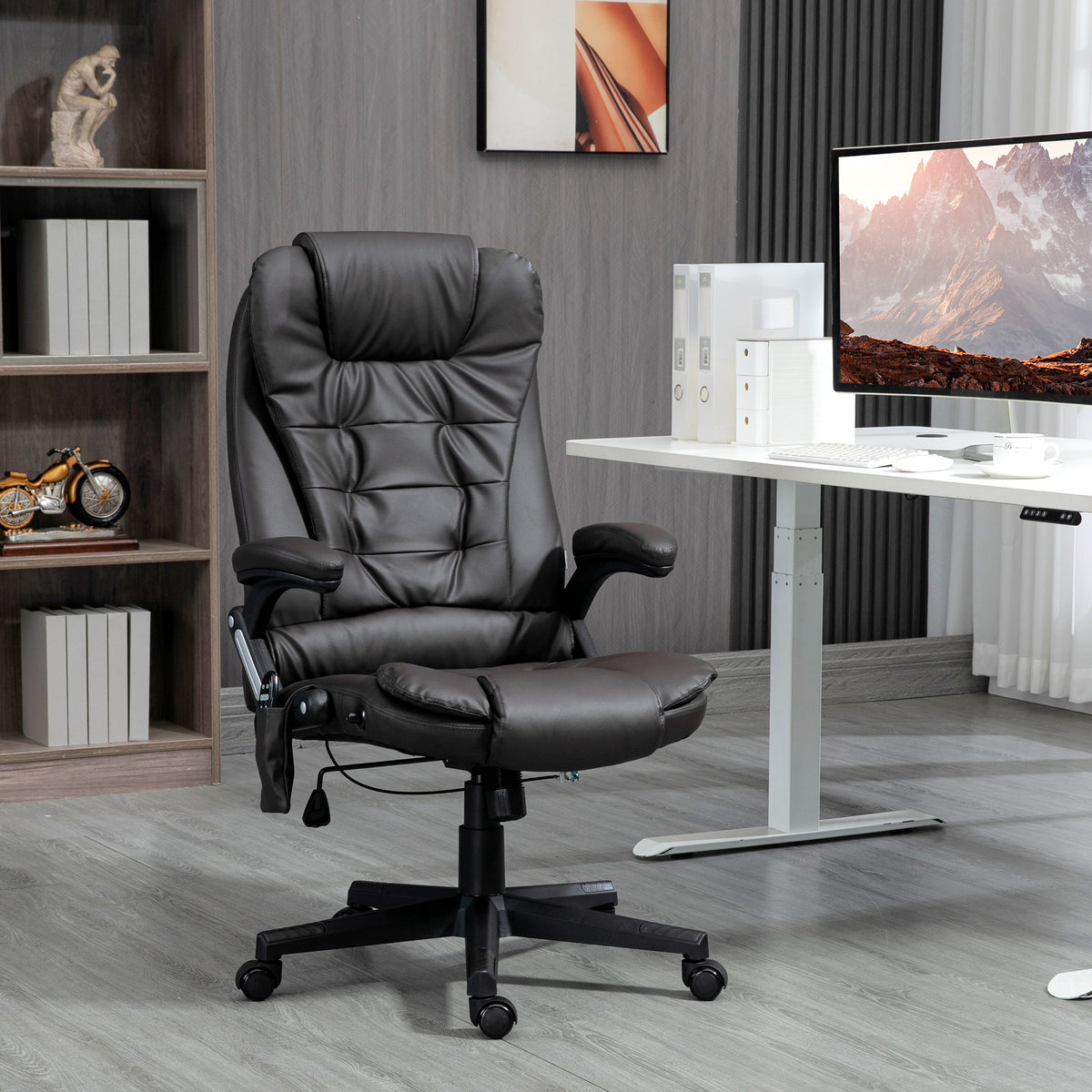 Homcom High Back Vibration Massage Office Chair With 6 Vibration Points, Heated Reclining Pu Leather Computer Chair With Armrest And Remote, Dark Brown Brown Pu