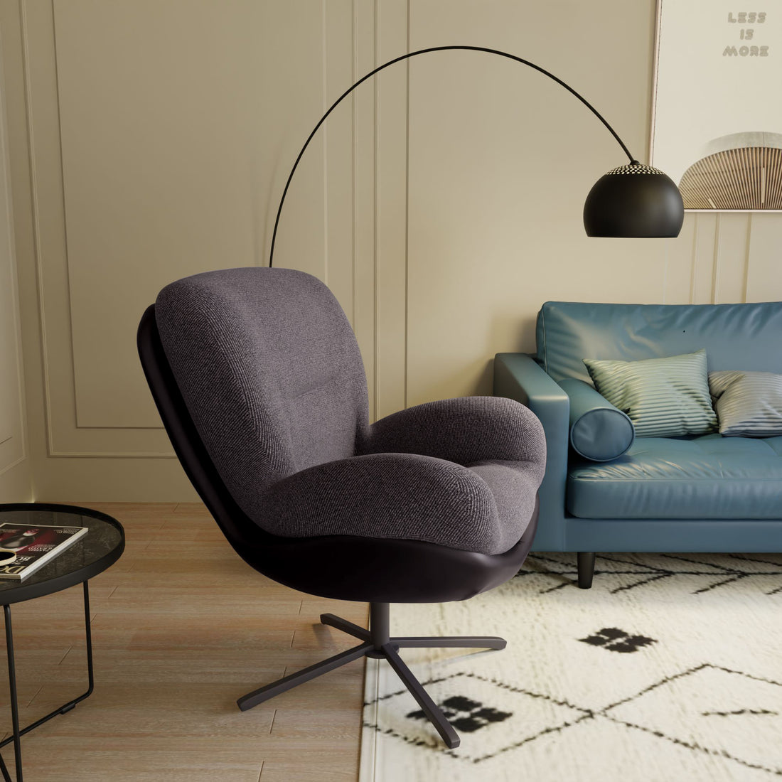 360 Swivel Accent Chair, Modern Chenille Lounge Chair With Faux Leather And Black Metal Base Frame, Comfortable Reading Chair For Small Spaces, Living Room, Bedroom, Reading Corner, Office, Dark Gray Black,Dark Gray Brown Primary Living Space
