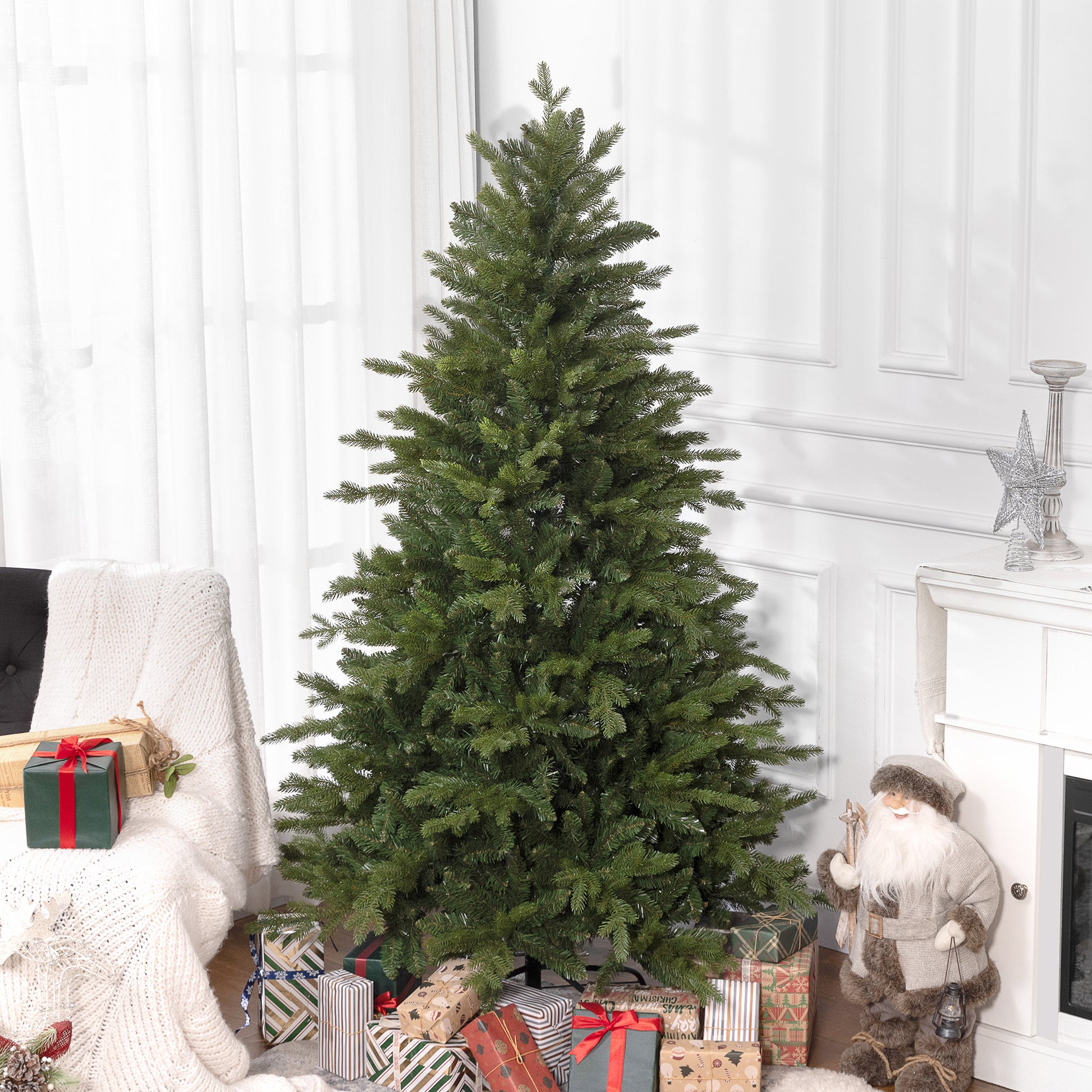 Homcom 6Ft Artificial Christmas Tree With 1821 Tips, Foldable Metal Stand, Easy Assembly, Hinged Xmas Tree For Home, Office, Holiday, Green Green Plastic