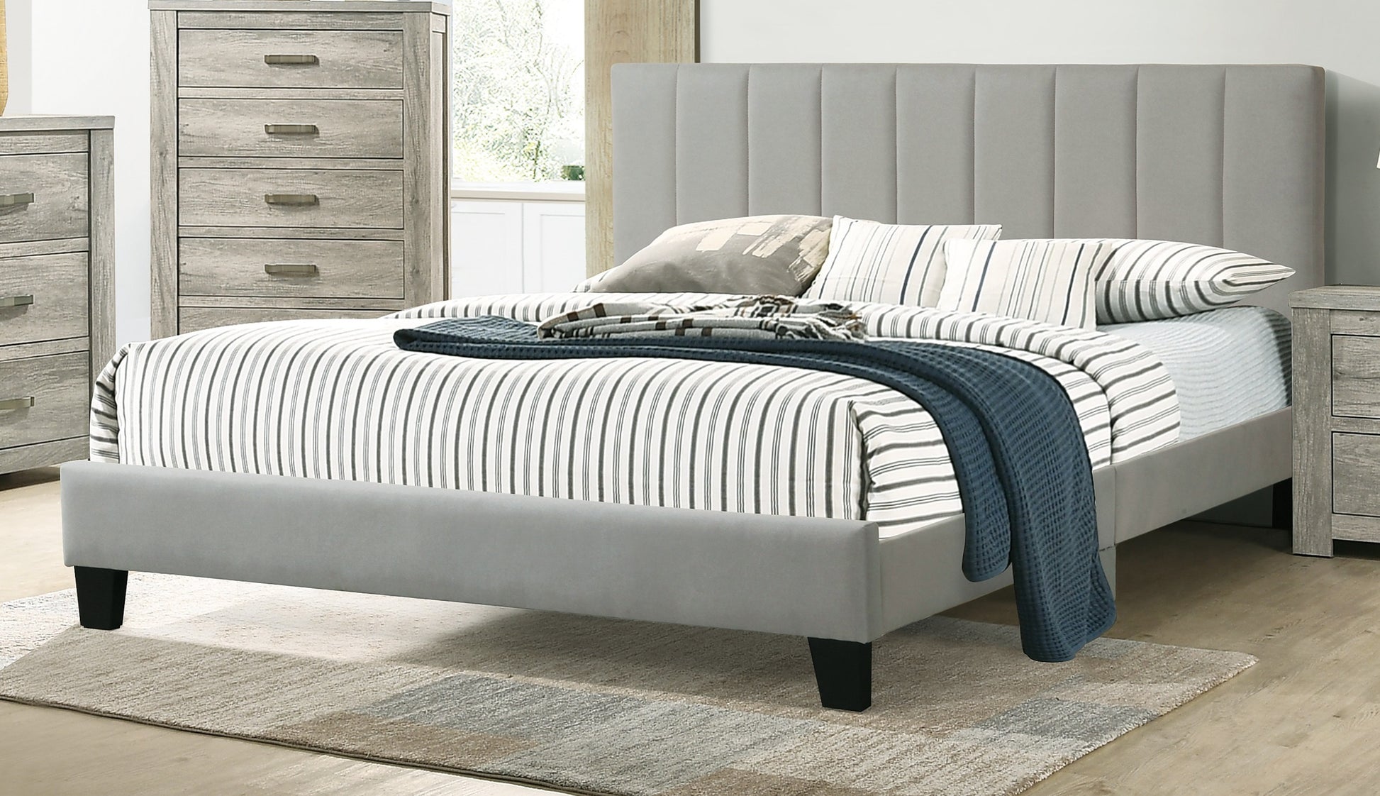 1Pc Queen Size Bed Beautiful Gray Polyfiber Vertical Tufted Hb Platform Bedframe Slats Bedroom Furniture Box Spring Not Required Queen Grey,Light Gray Wood Bedroom Modern,Transitional Rubberwood Bed