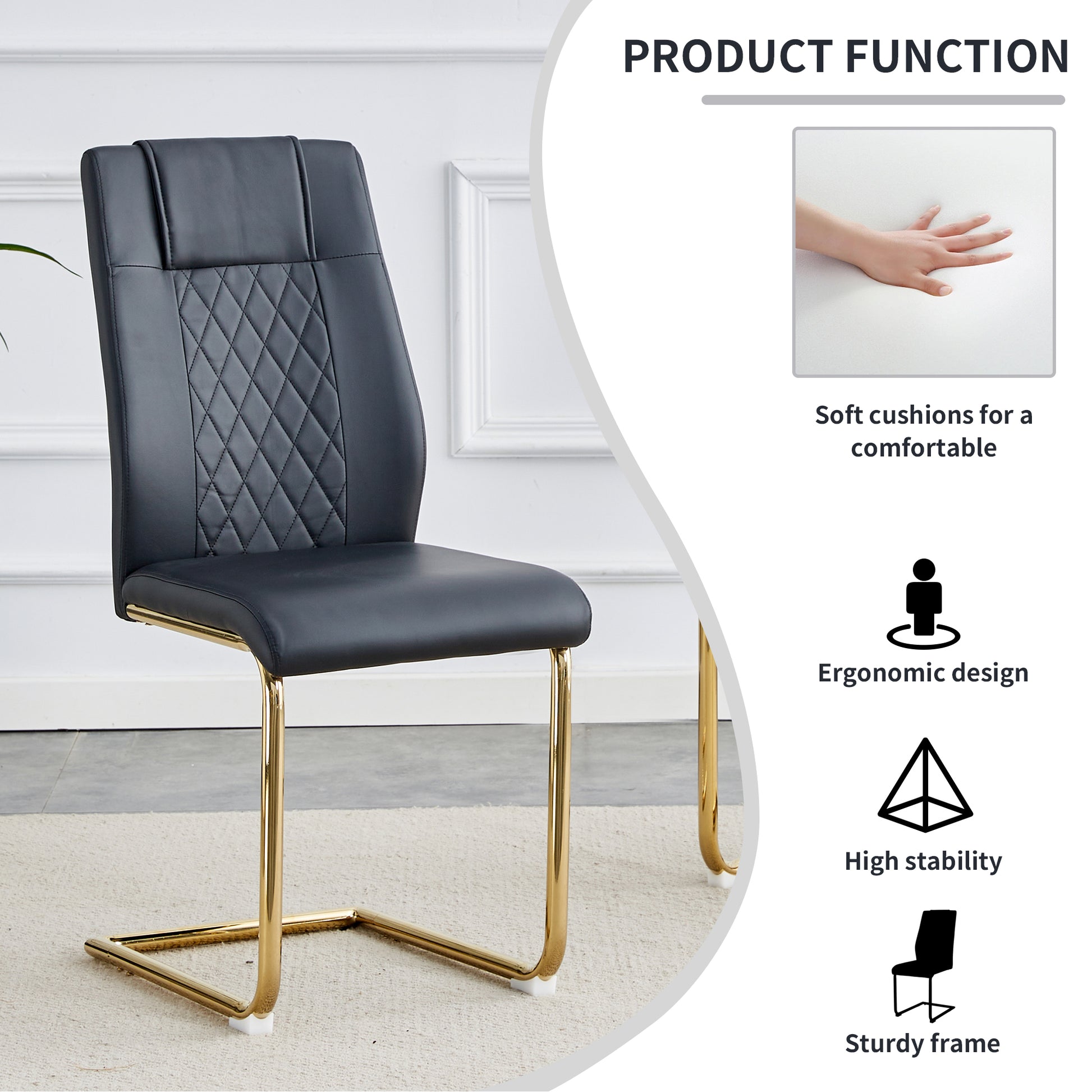 Table And Chair Set, Modern And Minimalist Dining Table, Imitation Marble Patterned Tabletop, Mdf Legs With U Shaped Brackets. Paired With Comfortable Chairs, Suitable For Dining And Living Rooms. Black Gold Mdf Glass