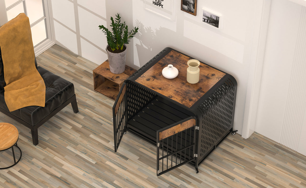 Heavy Duty Dog Crate Furniture Wooden Table Pet Dog Cage Kennel House Indoor Side End Table Decor With Removable Trays And Lockable Wheels For Small Dogs 33" Brown Brown Outdoor Kennel Small 11 25 Lbs Mdf Steel