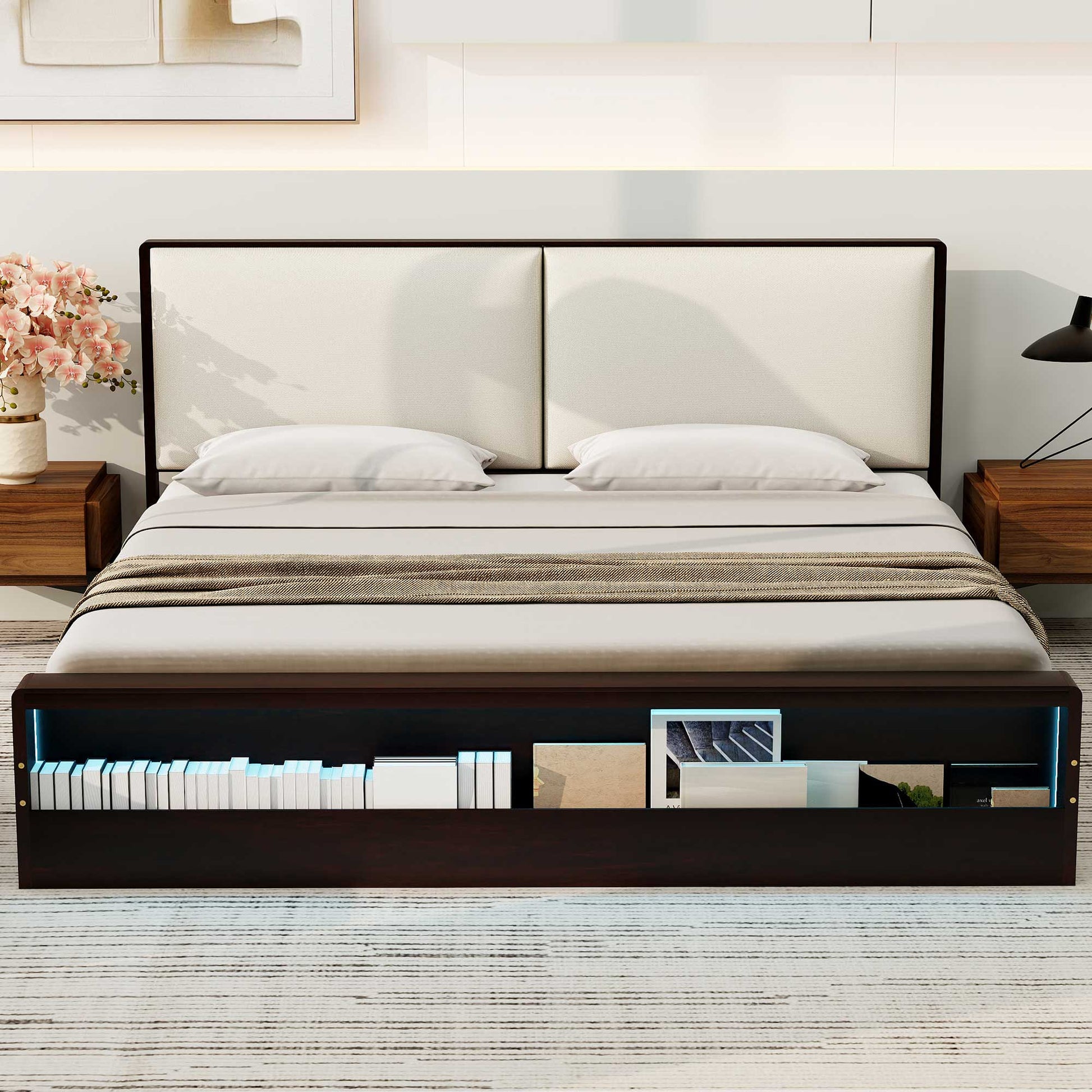 King Size Platform Bed Frame With Upholstery Headboard And Bookshelf In Footboard And Led Light Strips, Espresso King Espresso Solid Wood Mdf