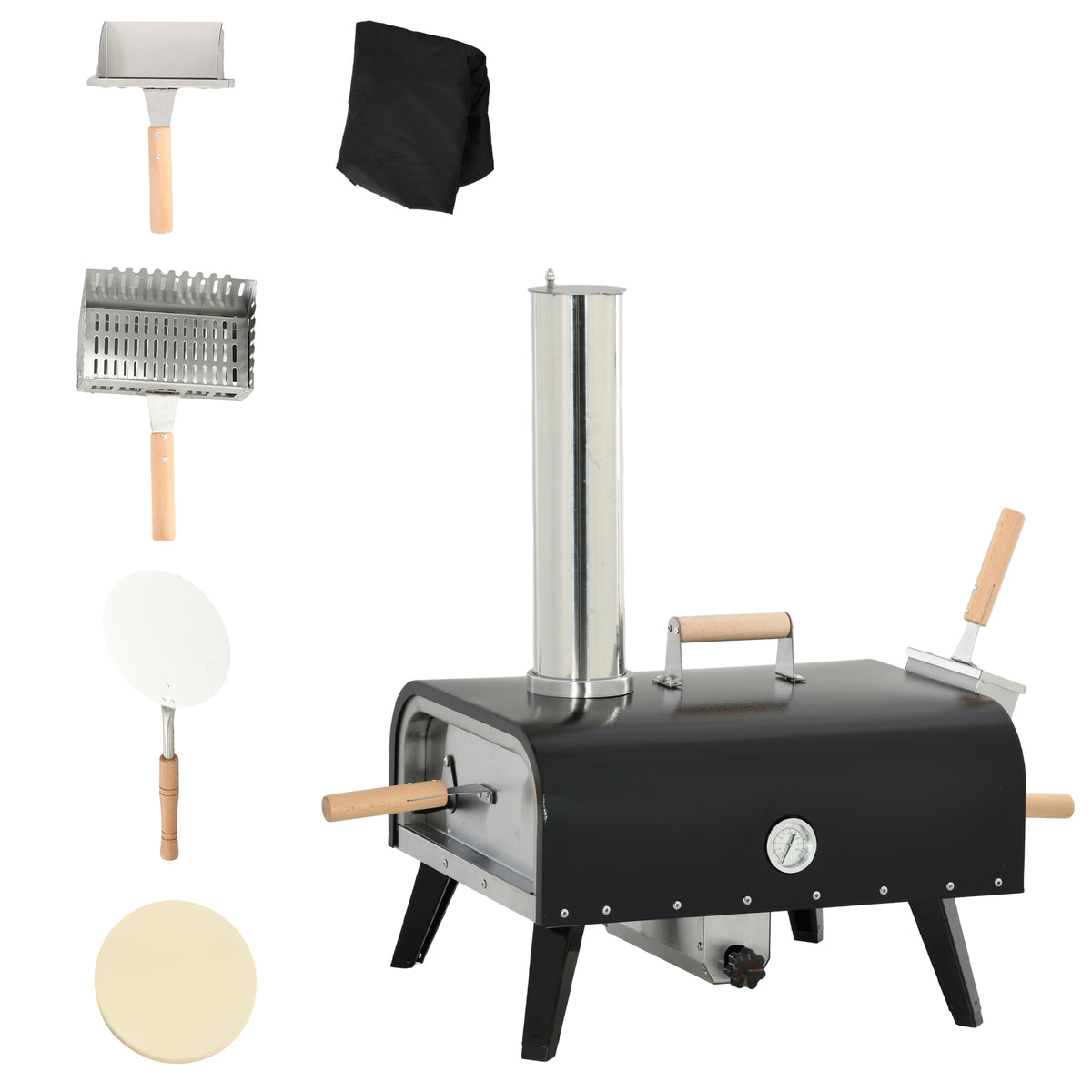 Outsunny Outdoor Pizza Oven With 12" Rotating Stone, Peel And Cover, Portable Pellet Wood Fired Pizza Maker With Foldable Legs, Stainless Steel Pizza Grill For Outside, Backyard, Outdoor Kitchen Black Steel