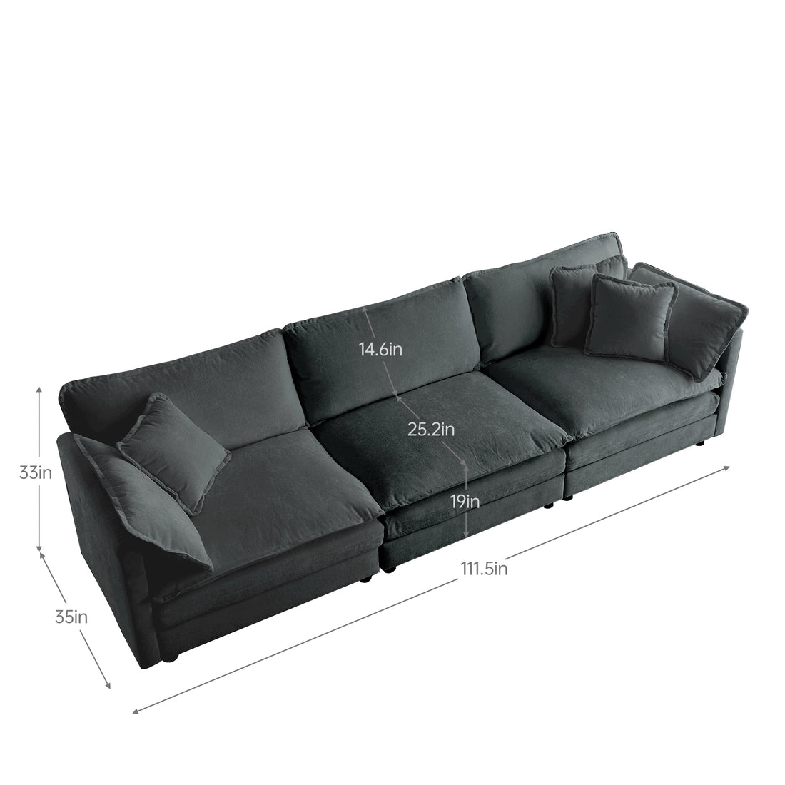Mid Century Modern Couch 3 Seater Sofa With 2 Armrest Pillows And 3 Toss Pillows, Couch For Living Room Gray Chenille Gray Chenille 3 Seat