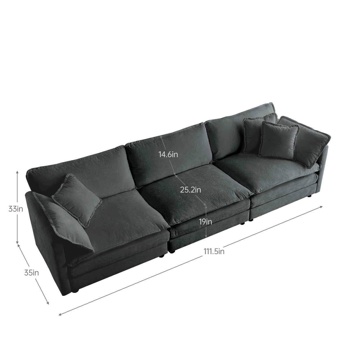 Mid Century Modern Couch 3 Seater Sofa With 2 Armrest Pillows And 3 Toss Pillows, Couch For Living Room Gray Chenille Gray Chenille 3 Seat