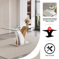 Table And Chair Set.Modern Dining Table, Tempered Glass Countertop With Artistic Mdf Legs.Paried With 6 Comfortable Chairs With Pu Seats And Metal Legs. Suitable For Various Decoration Styles. Black,Transparent Seats 6 Mdf Glass