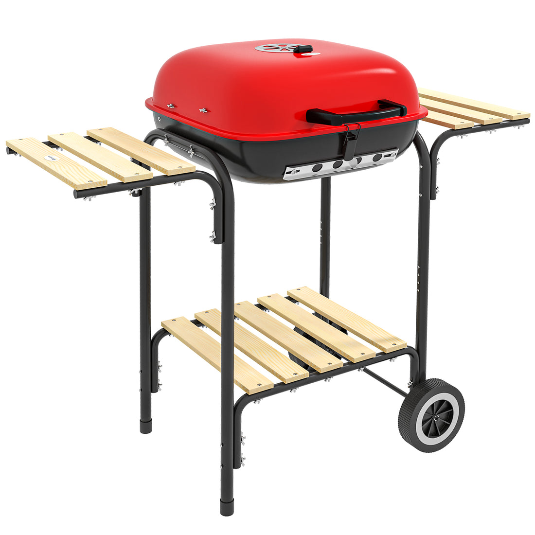 Outsunny 17" Portable Charcoal Grill With Wheels, 2 Side Tables And Bottom Shelf, Bbq With Adjustable Vents On Lid For Picnic, Camping, Backyard, Cooking, Red Red Steel