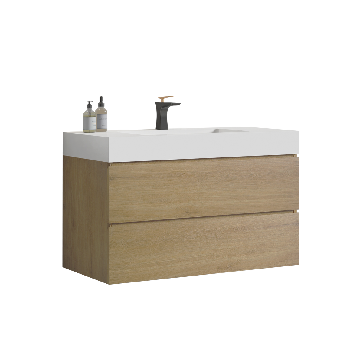 U042 Alice36 106 Alice 36" Oak Bathroom Vanity With Black Sink, Large Storage Wall Mounted Floating Bathroom Vanity For Modern Bathroom, One Piece Black Sink Basin Without Drain, Pre Assembled Oak Melamine