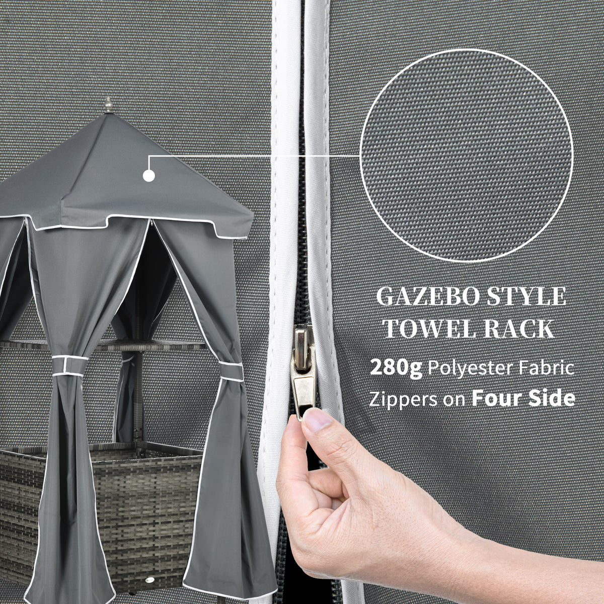 Outsunny Outdoor Towel Valet Caddy, Covered Poolside Towel Holder Rack, Shelf, Basket, Rolling Pe Rattan Wicker Storage On Wheels, Gray Gray Steel