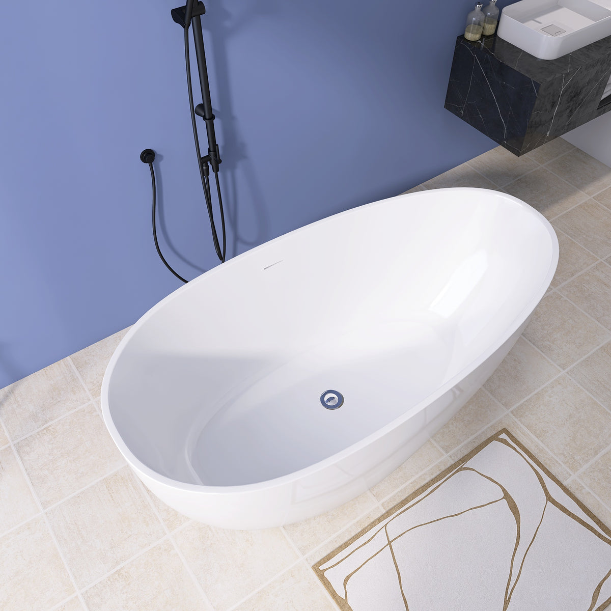 55" Acrylic Free Standing Tub Classic Oval Shape Soaking Tub, Adjustable Freestanding Bathtub With Integrated Slotted Overflow And Chrome Pop Up Drain Anti Clogging Gloss White Gloss White Oval Bathroom Freestanding Tubs Polished Less Than 59 In Modern