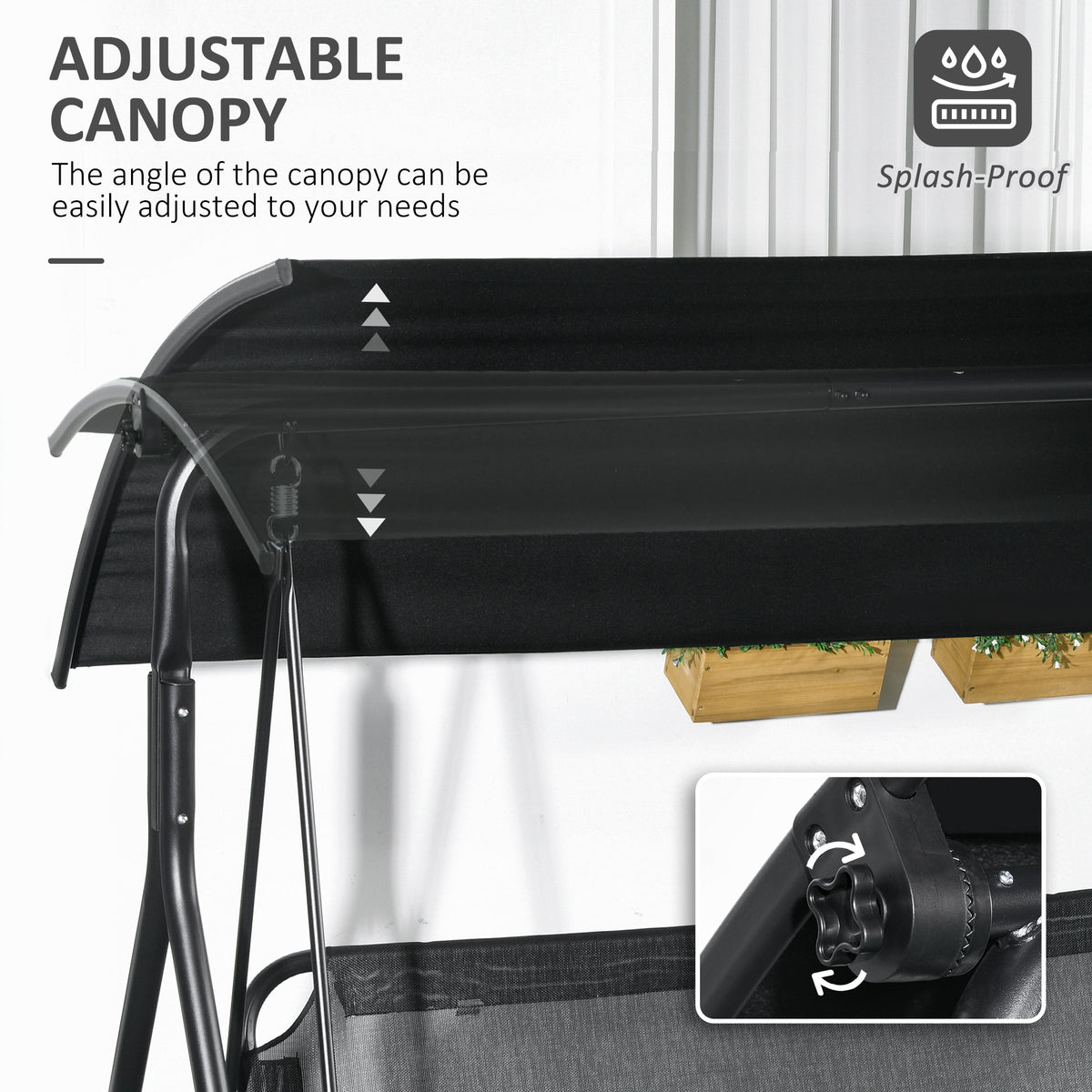 Outsunny 3 Seat Outdoor Patio Swing Chair With Removable Cushion, Steel Frame Stand And Adjustable Tilt Canopy For Patio, Garden, Poolside, Balcony, Backyard, Black 1 Black Steel