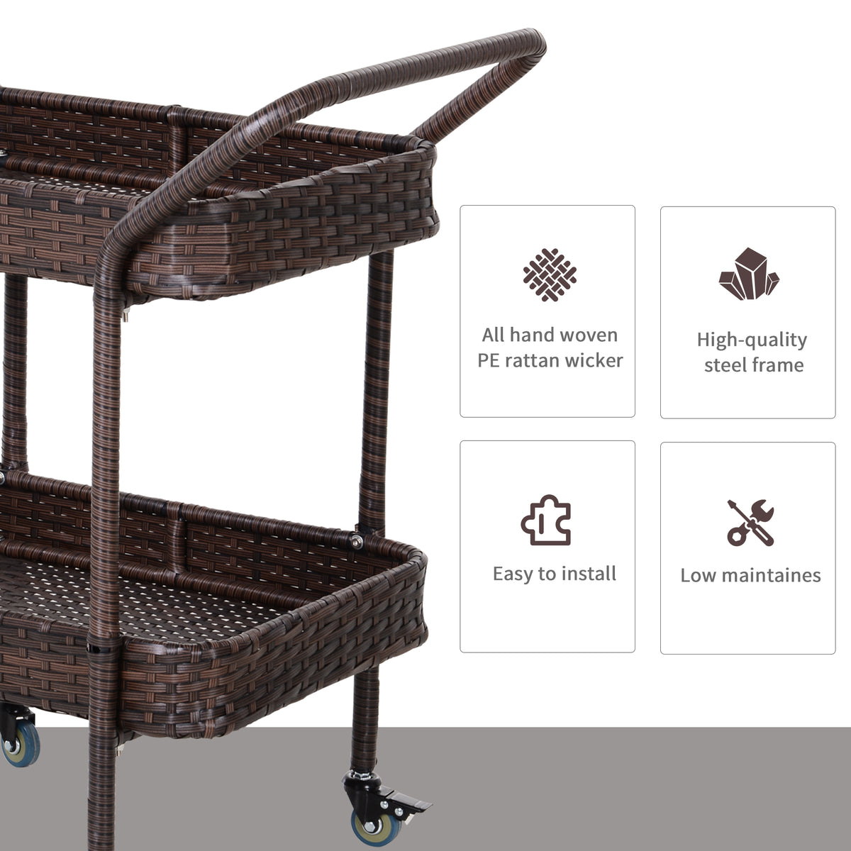 Outsunny Rattan Wicker Serving Cart With 2 Tier Open Shelf, Outdoor Wheeled Bar Cart With Brakes For Poolside, Garden, Patio Brown Steel