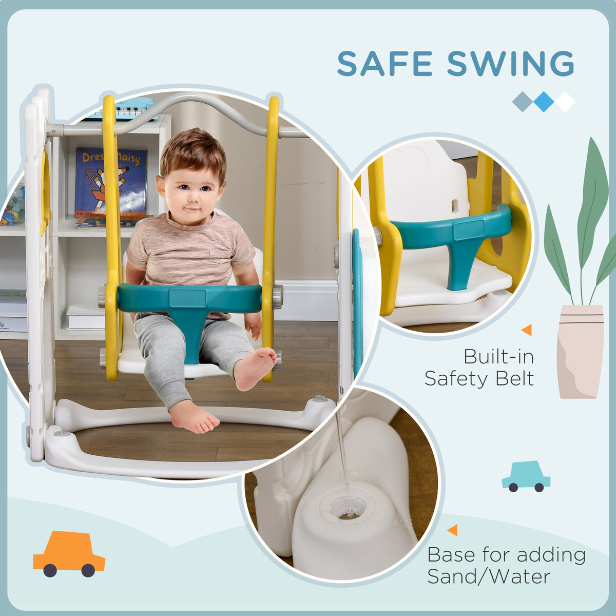 Qaba 6 In 1 Toddler Slide And Swing Set, Baby Slide For Age 1 3 Years With Basketball Hoop, Climber, Storage Space, Telescope, Indoor Playground, Yellow Yellow Plastic