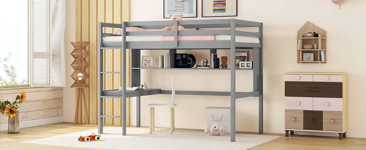 Twin Size Loft Bed With Desk And Shelves, Safety Guardrail And Ladder,Grey Twin Grey Pine