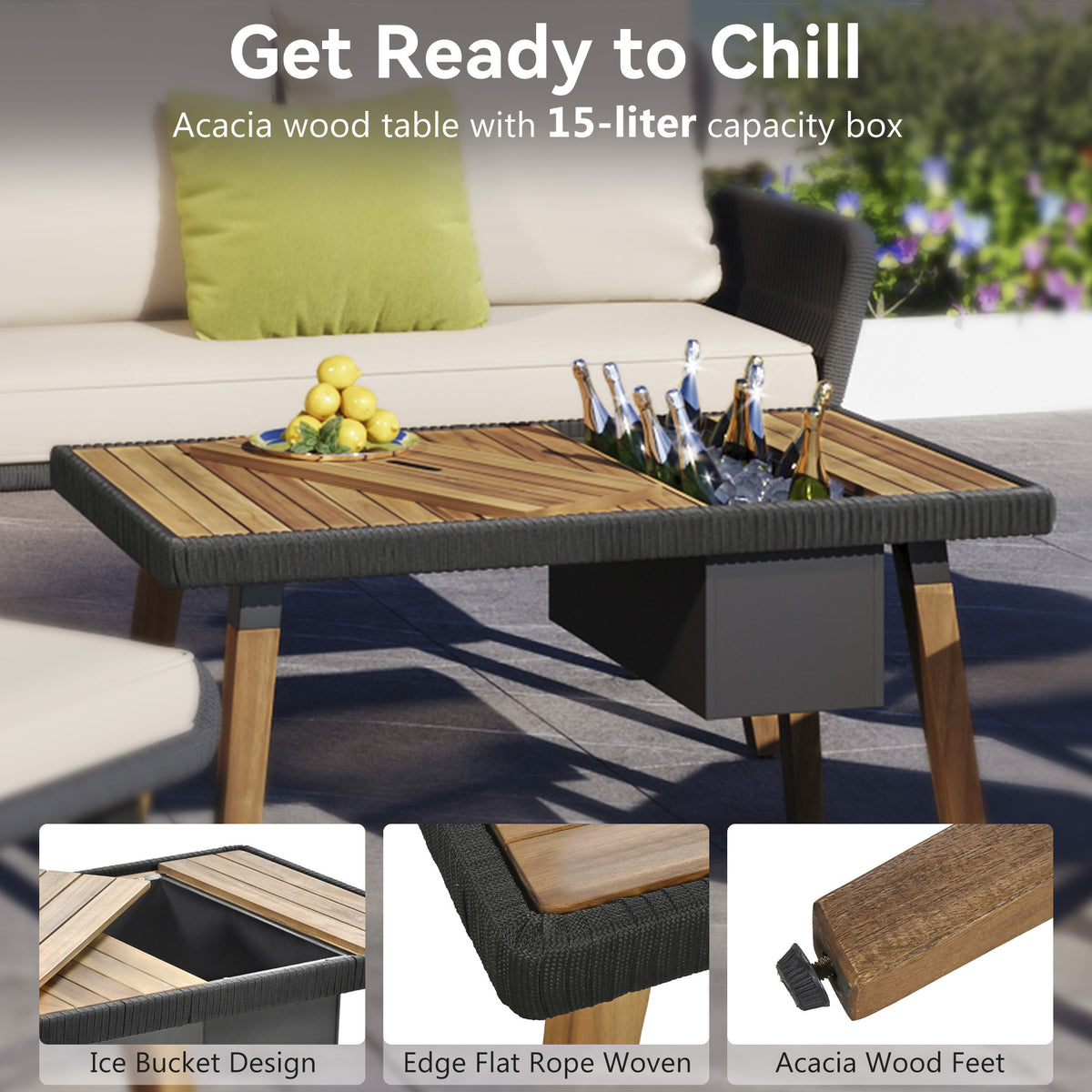 K&K 6 Piece Rope Patio Furniture Set, Outdoor Furniture With Acacia Wood Cool Bar Table With Ice Bucketdeep Seat Patio Conversation Set With Two Stools For Backyard Porch Balcony Black & Beige Yes Complete Patio Set Beige Black Seats 6 Weather Resistant