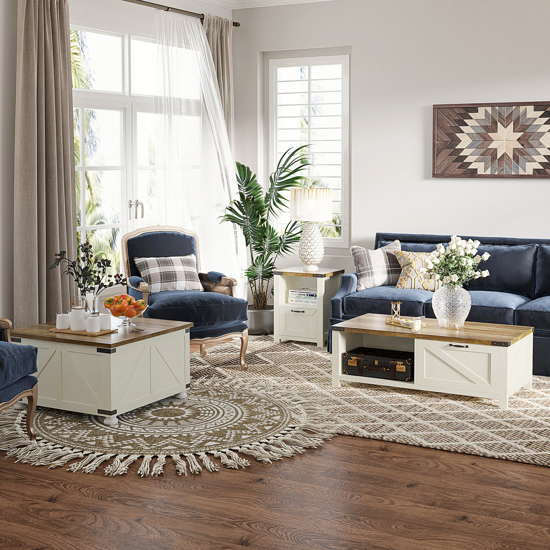 Homcom Farmhouse Coffee Table With Storage, Large Square Coffee Table Antique White Particle Board