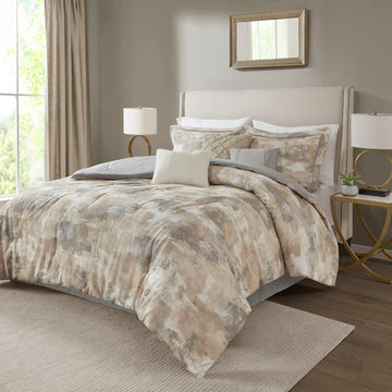 7 Piece Textured Cotton Blend Comforter Set Gray King King Multicolor Polyester