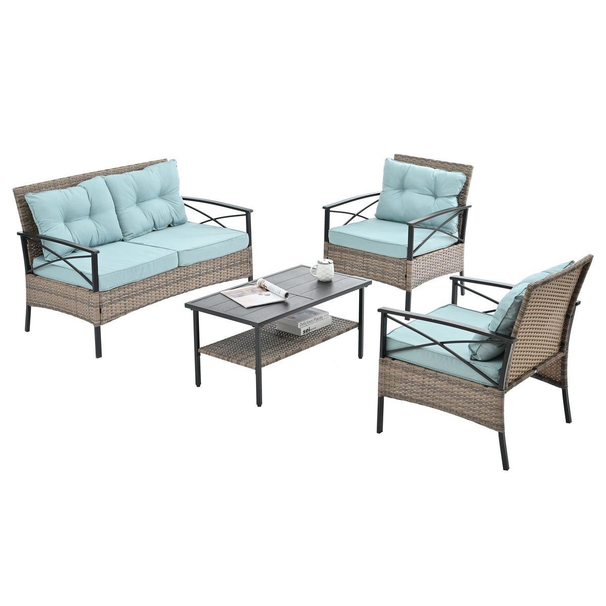 Patio Furniture, Outdoor Furniture, Seasonal Pe Wicker Furniture, Four Set Wicker Furniture With Black Metal Table Yes Brown Seats 4 Pe Rattan Iron Waterproof Fabric