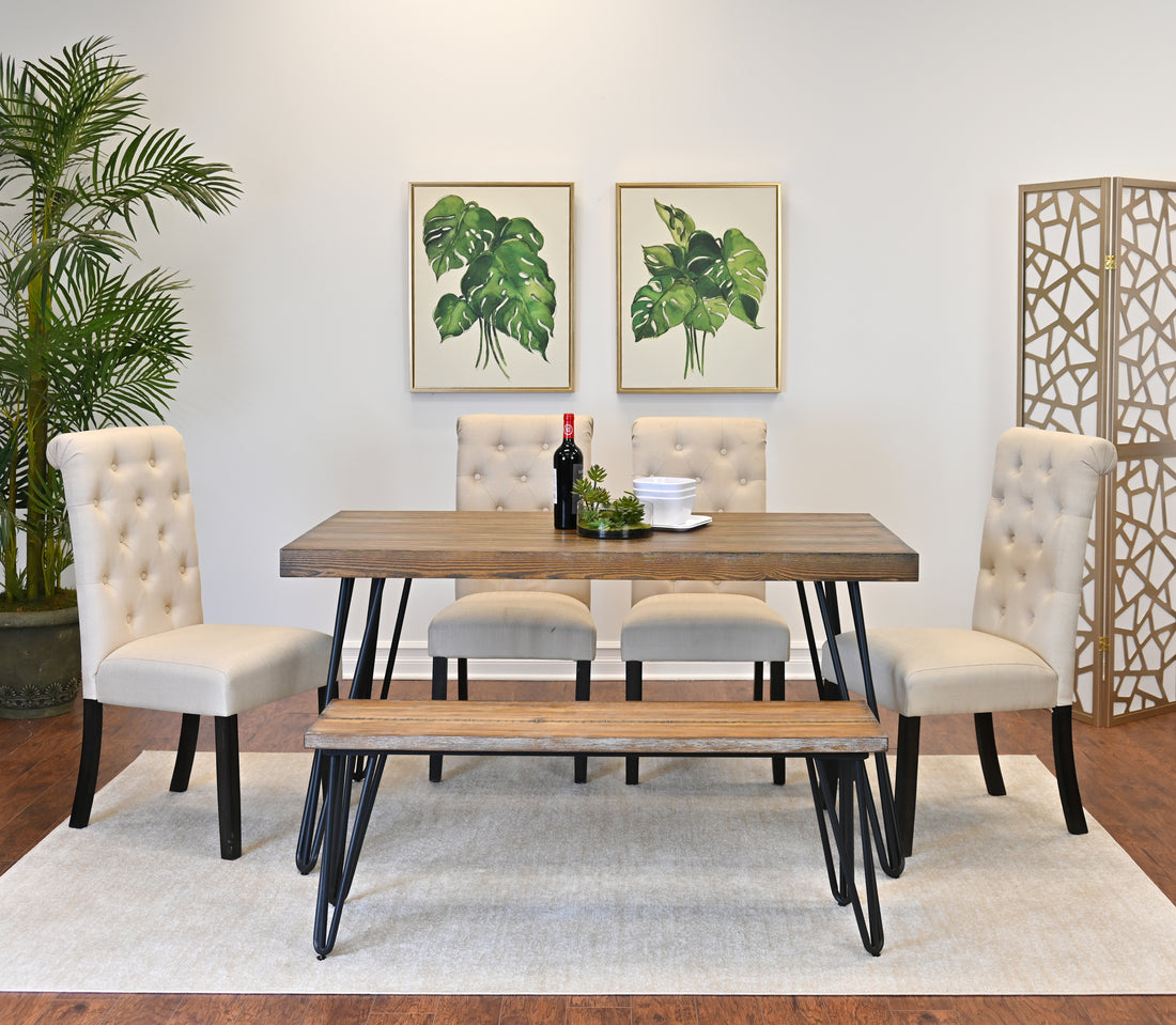Ashford 6 Piece Dining Set, Hairpin Dining Table With 4 Chairs And Bench, 4 Color Options Brown Metal Dining Room Fixed Table Rubberwood Rectangular Dining Table With Chair And Bench Wood Wood Brown Seats 6 Rectangular 4 Leg Mdf Metal