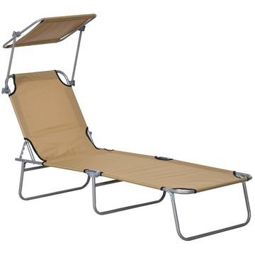 Outsunny Outdoor Lounge Chair, Adjustable Folding Chaise Lounge, Tanning Chair With Sun Shade For Beach, Camping, Hiking, Backyard, Tan Tan Steel