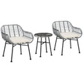 Outsunny 3 Piece Patio Set, Outdoor Bistro Furniture, Pe Rattan Wicker Table And Chairs, Cushioned, Hand Woven, Modern Look With Tempered Glass For Garden, Porch, Pool, Backyard, Cream White Gray White Matte Steel