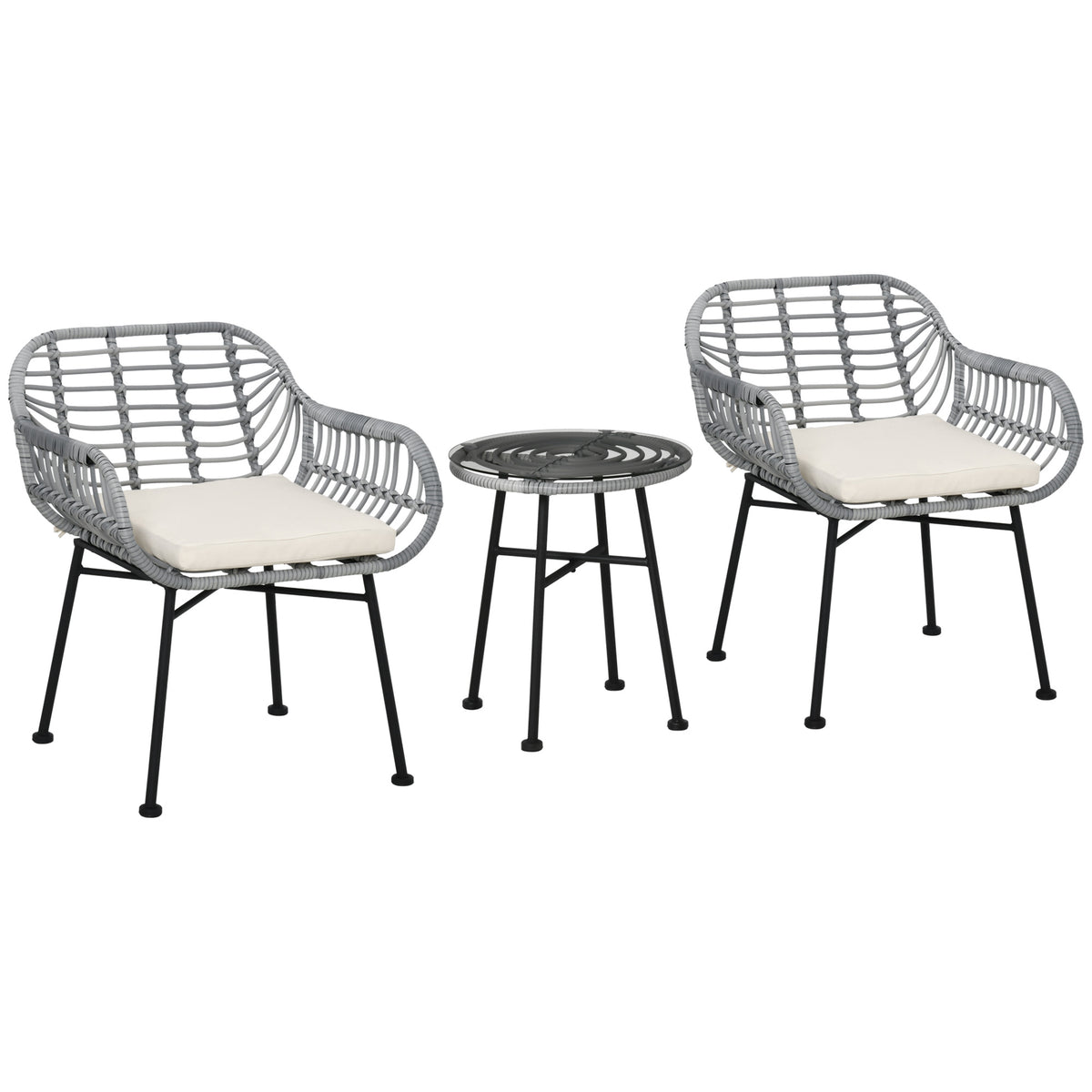 Outsunny 3 Piece Patio Set, Outdoor Bistro Furniture, Pe Rattan Wicker Table And Chairs, Cushioned, Hand Woven, Modern Look With Tempered Glass For Garden, Porch, Pool, Backyard, Cream White Gray White Matte Steel