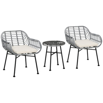 Outsunny 3 Piece Patio Set, Outdoor Bistro Furniture, Pe Rattan Wicker Table And Chairs, Cushioned, Hand Woven, Modern Look With Tempered Glass For Garden, Porch, Pool, Backyard, Cream White Gray White Matte Steel