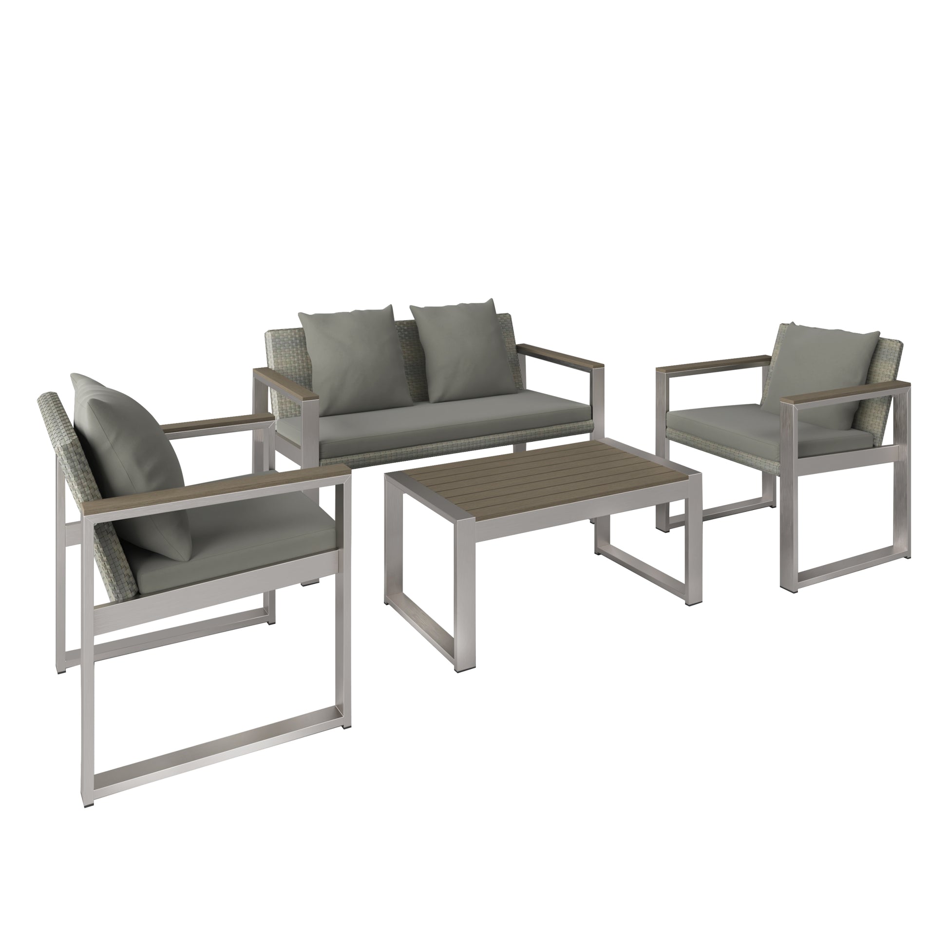 Aluminum And Rattan Modern 4 Piece Sofa Seating Group For Patio Garden Outdoor Yes Complete Patio Set Gray Silver Mildew Resistant Frame Fade Resistant Cushion Garden & Outdoor Modern Complete Patio Sets Aluminium Aluminium