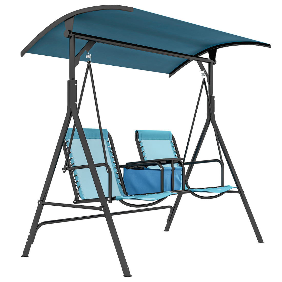 Outsunny 2 Seat Patio Swing Chair, Outdoor Canopy Swing Glider With Pivot Storage Table, Cup Holder, Adjustable Shade, Bungie Seat Suspension And Weather Resistant Steel Frame, Blue Blue Steel