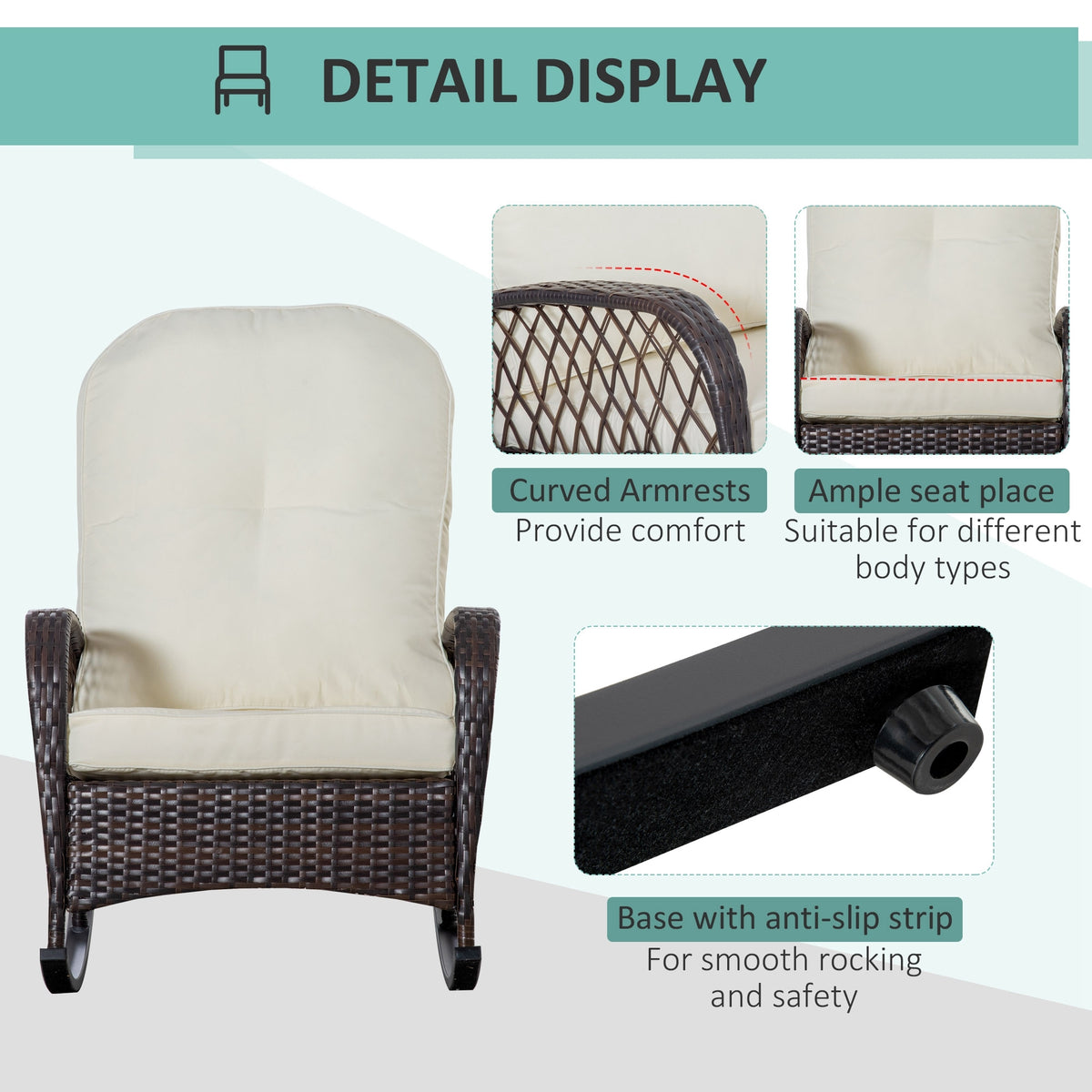 Outsunny Outdoor Wicker Rocking Chair With Wide Seat, Thick, Soft Cushion, Rattan Rocker W Steel Frame, High Weight Capacity For Patio, Garden, Backyard, Cream White Cream White Polyester