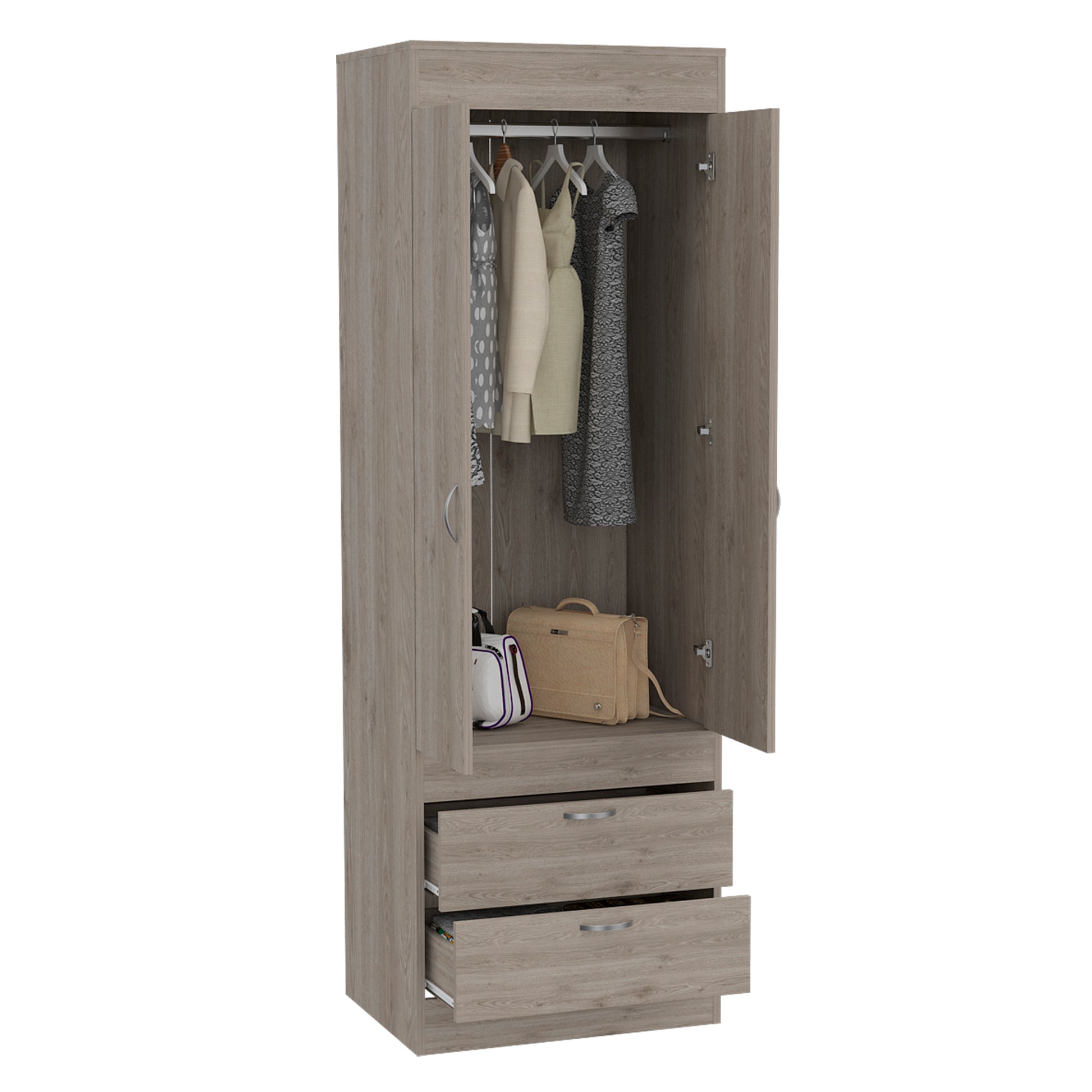 Alabama Armoire, One Large Cabinet, Two Drawers Light Gray Bedroom Modern Particle Board Engineered Wood
