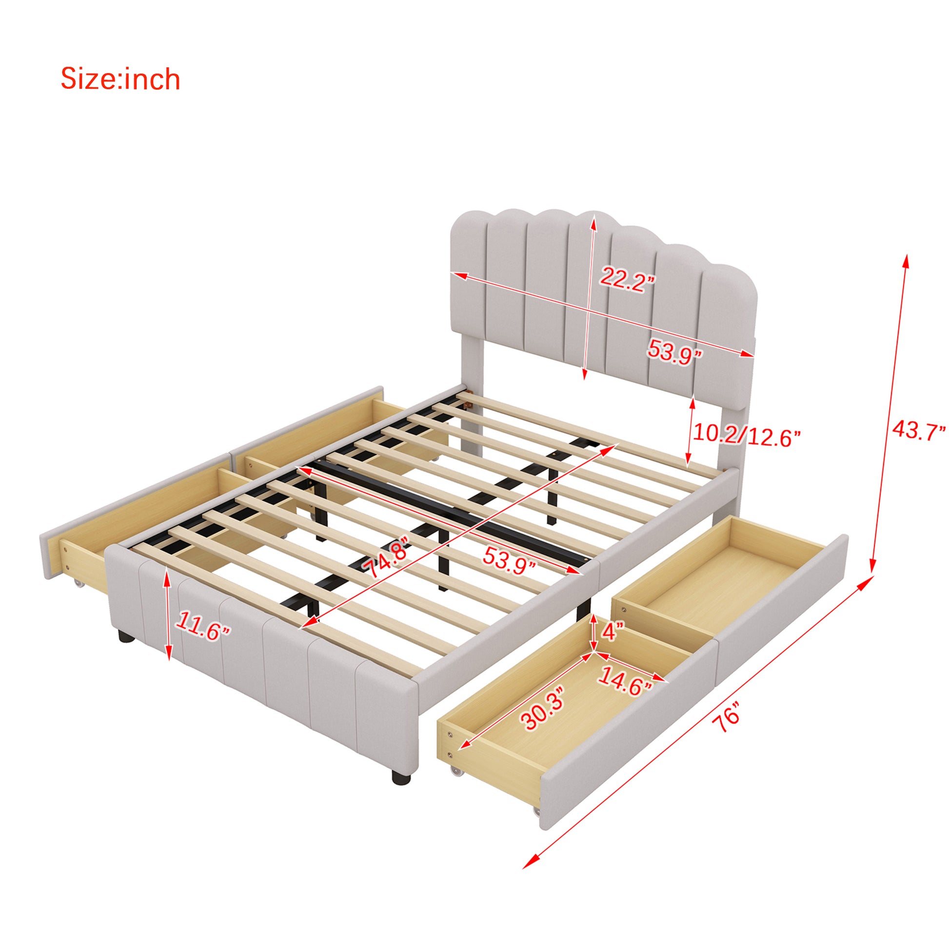 Full Size Upholstered Bed With 4 Storage Drawers,Wood Slat Support, Beige Full Beige Upholstered