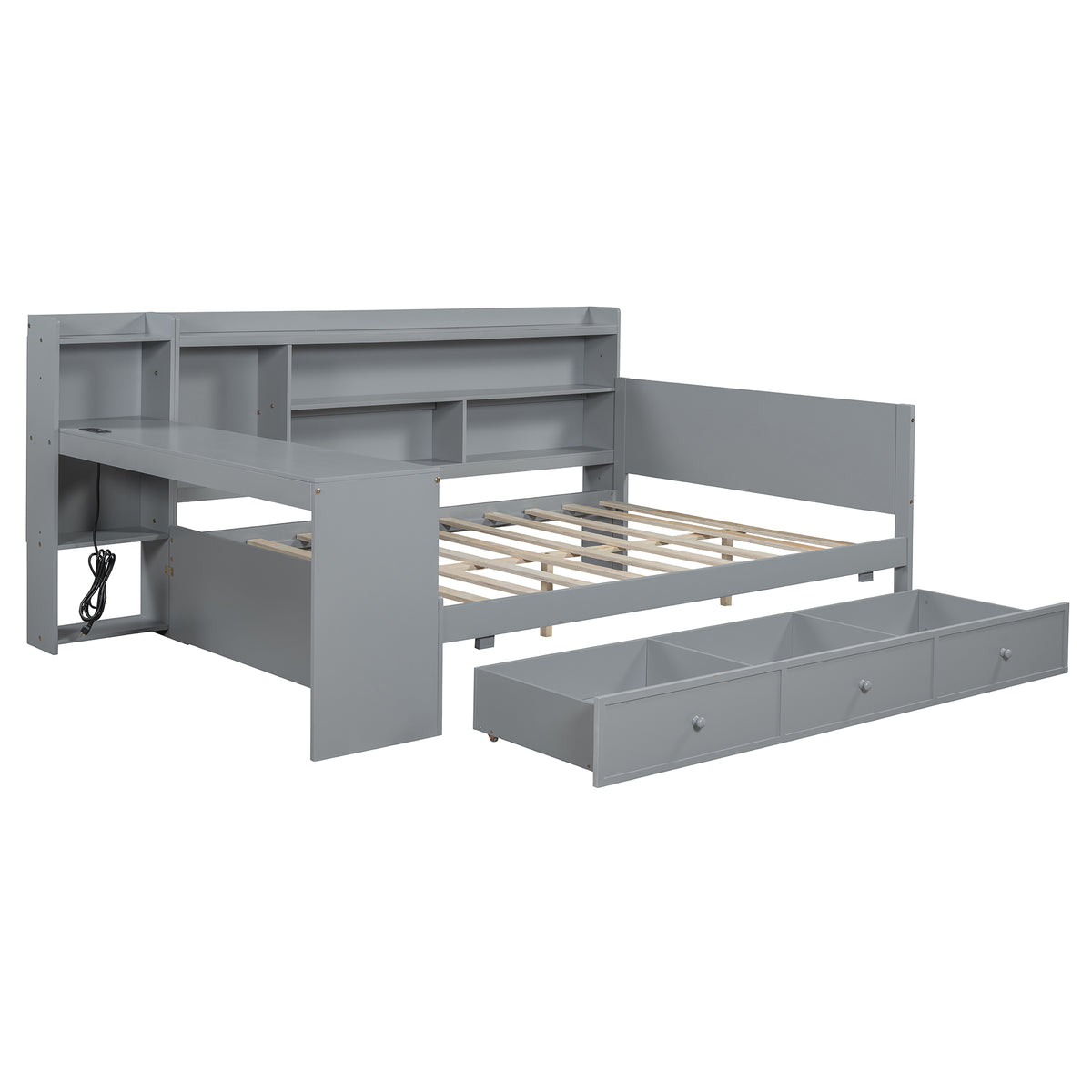 Full Size Wooden Daybed With 3 Drawers, Usb Ports And Deskgray Full Gray Wood