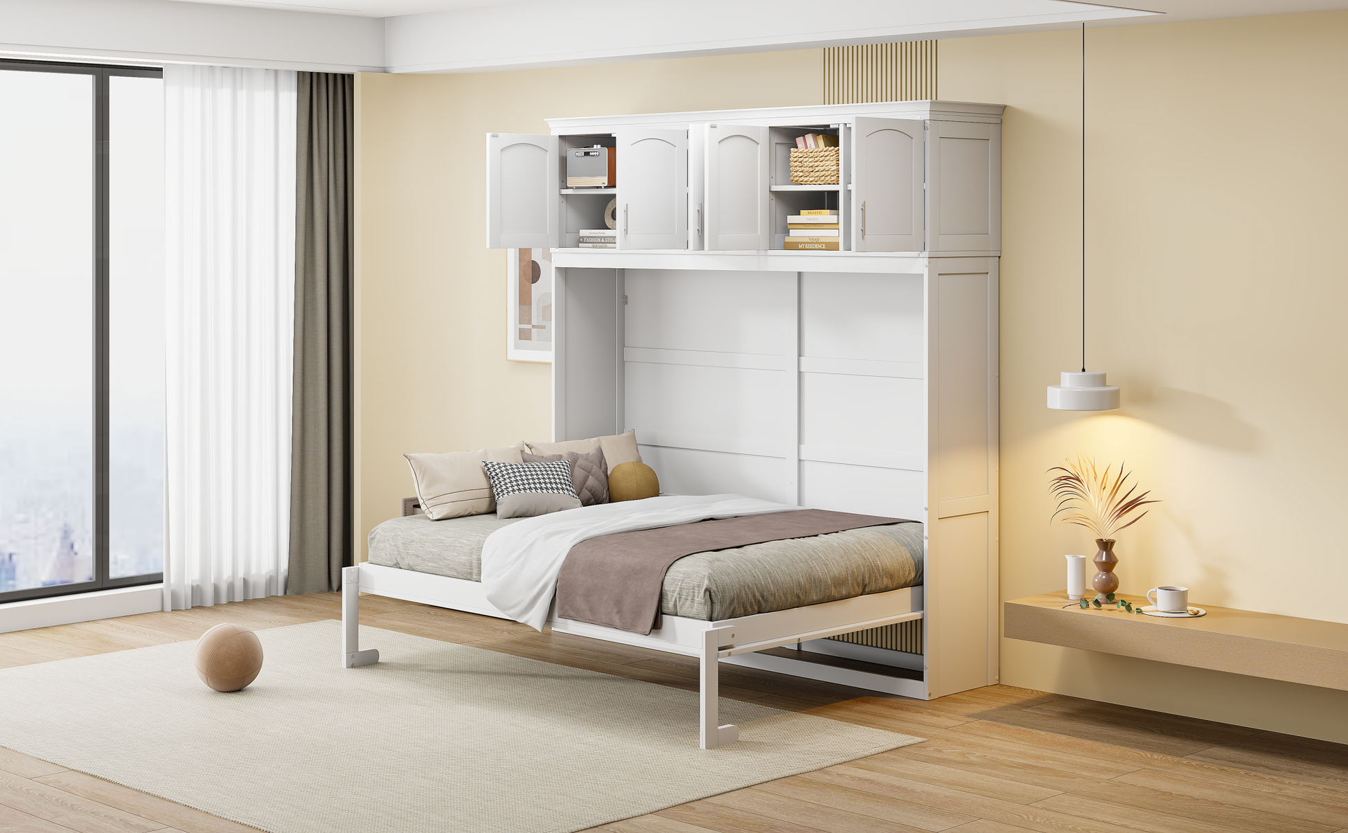 Full Size Murphy Bed Wall Bed With Top Cabinets,White Full White Plywood